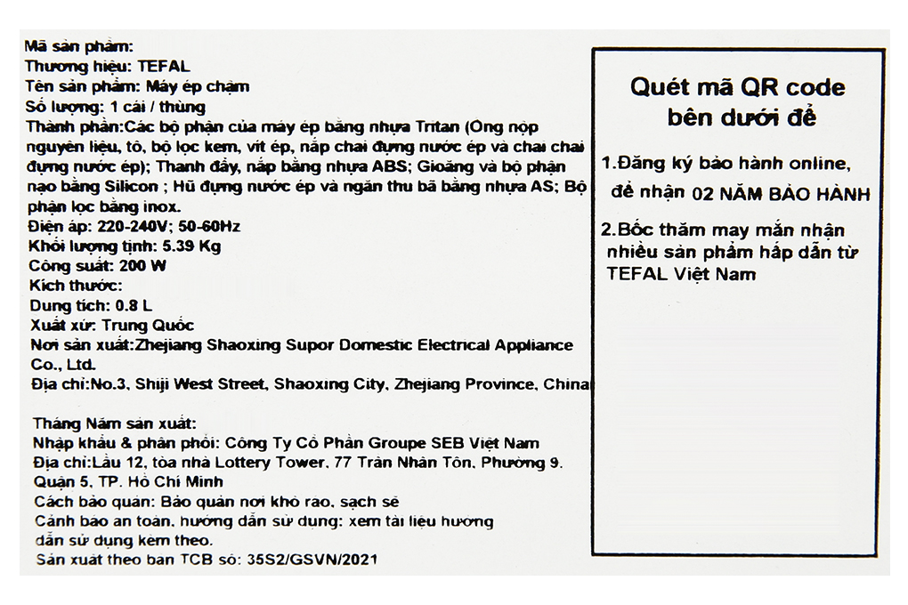 Máy ép chậm Tefal ZC600138 Màu Trắng - Đen
