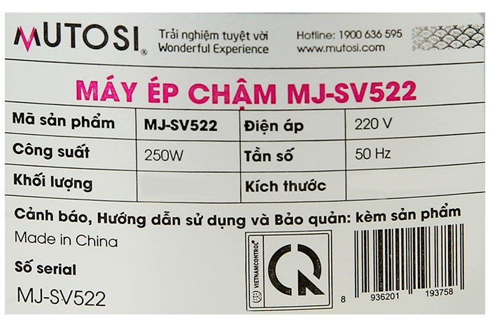Máy ép chậm Mutosi MJ-SV522 Màu Bạc Inox