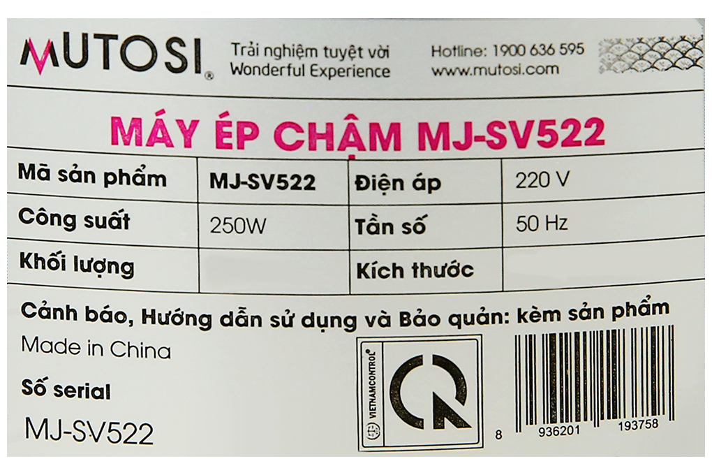 Máy ép chậm Mutosi MJ-SV522 Màu Bạc Inox