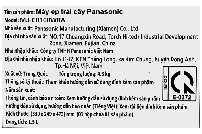 Máy ép trái cây Panasonic MJ-CB100WRA Màu Trắng