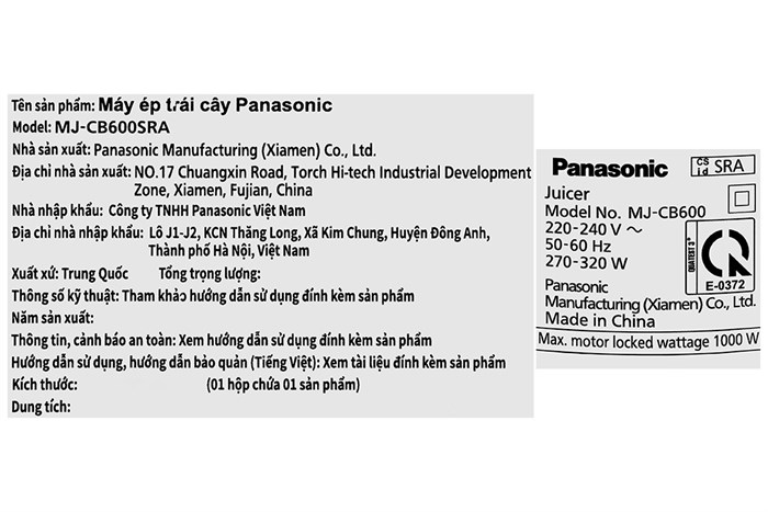Máy ép trái cây Panasonic MJ-CB600SRA Màu Đen - Xám
