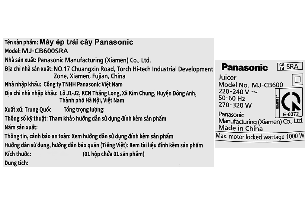 Máy ép hoa quả Panasonic MJ-CB600SRA Màu Đen - Xám