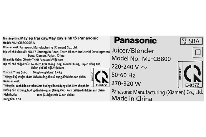 Máy xay ép đa năng Panasonic MJ-CB800SRA Màu Đen - Xám