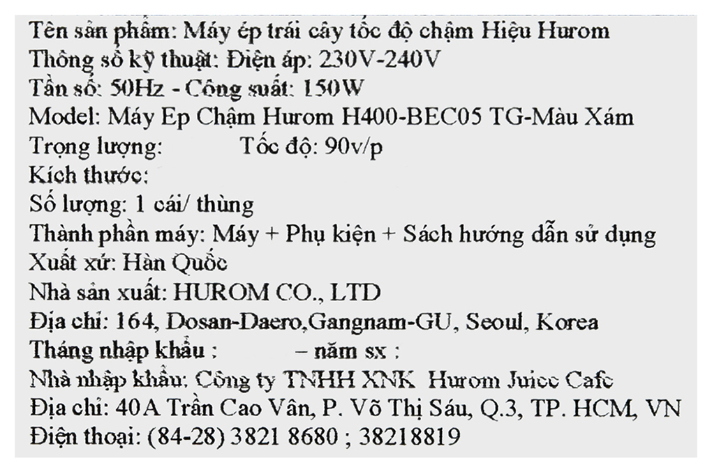 Máy ép chậm Hurom H400-TG Màu Xám