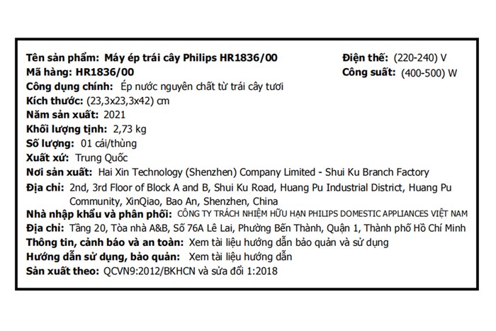Máy ép trái cây Philips HR1836 Màu Đen