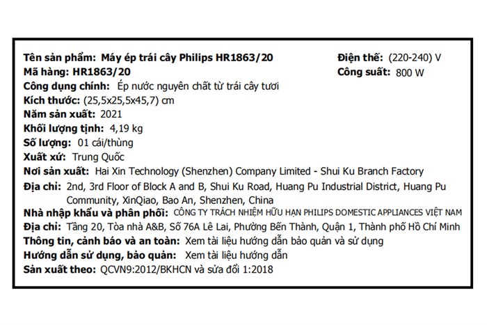 Máy ép hoa quả Philips HR1863 Màu Bạc
