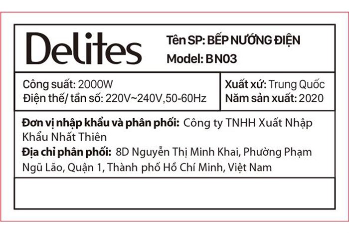 Bếp nướng điện Delites BN03 2000W Màu Đen