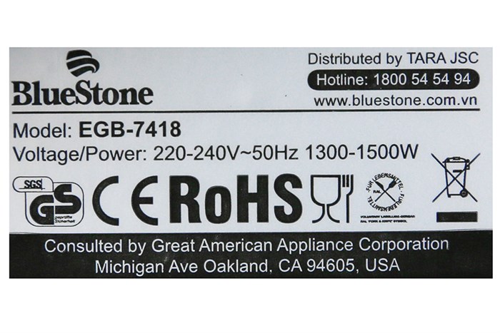 Bếp nướng điện BlueStone EGB-7418 1500W Màu Đen
