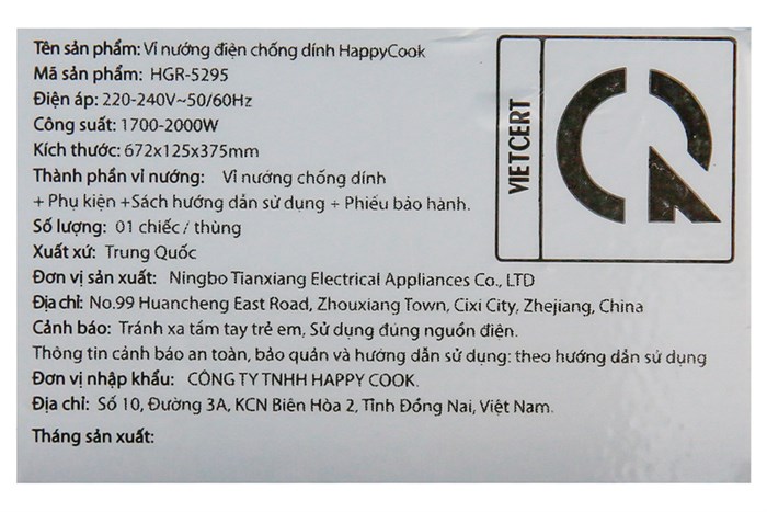 Bếp nướng điện Happycook HGR 5295 KG 2000 W Màu Đen