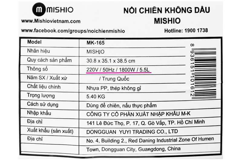 Công suất lớn - Nồi chiên không dầu Mishio MK-165 5.5 lít Trắng