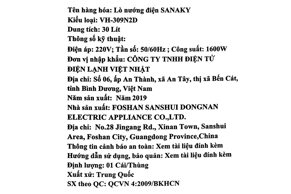Lò nướng Sanaky LN.VH309N2D 30 lít Màu Vàng
