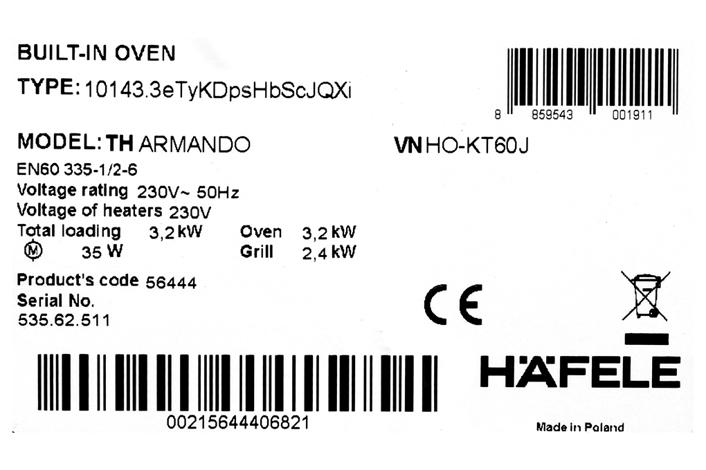 Lò nướng lắp âm Hafele HO-KT60J (535.62.511) 65 lít Màu Đen - Xám