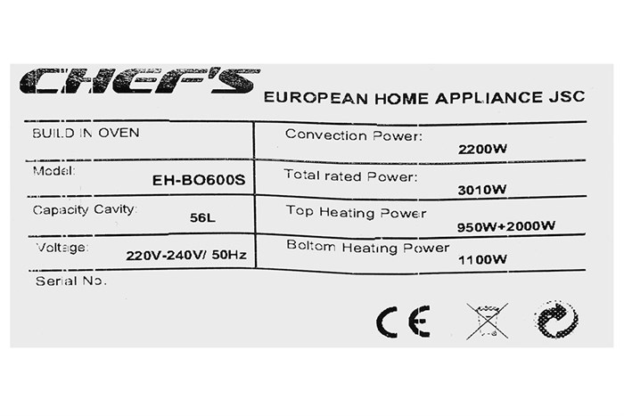 Lò nướng lắp âm Chef's EH-BO600S 56 lít Màu Xám