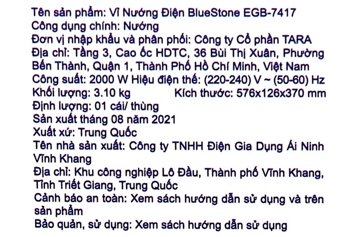 Bếp nướng điện BlueStone EGB-7417 Màu Đen