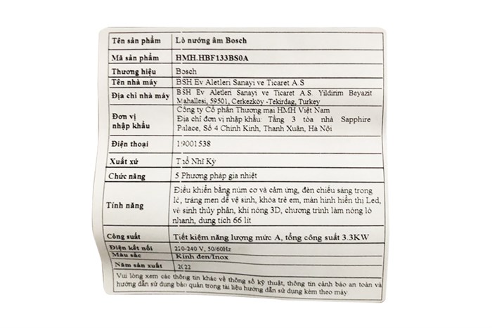 Lò nướng âm Bosch HMH.HBF133BS0A 66 lít Màu Đen - Xám