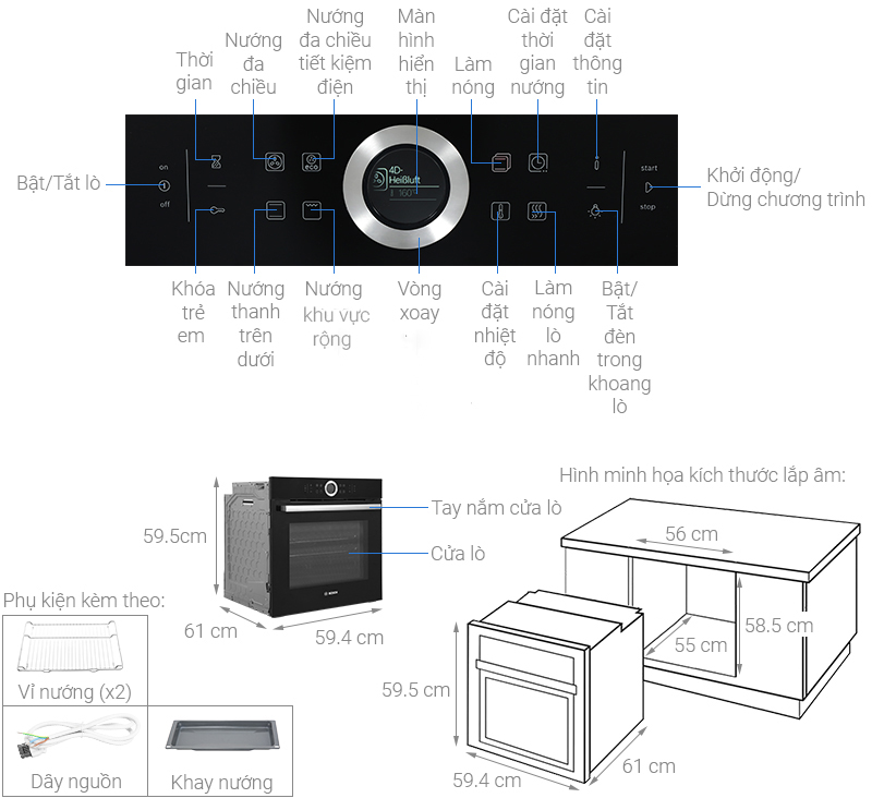 Lò nướng âm Bosch HBG634BB1B 71 lít