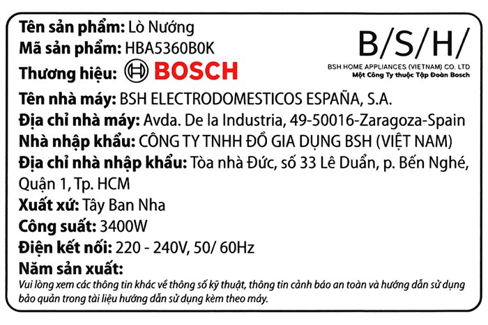 Lò nướng âm Bosch HBA5360B0K 71 lít Màu Đen