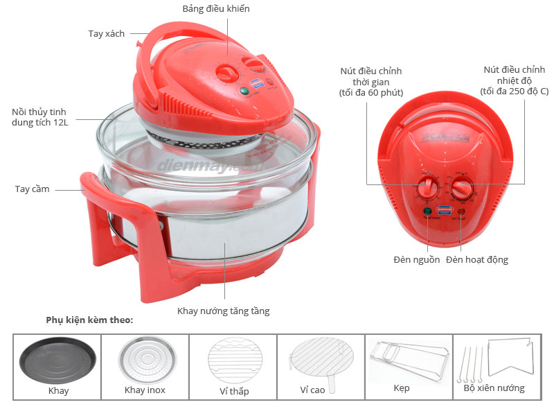 Lò nướng thuỷ tinh Sunhouse SH-412 Đỏ