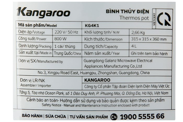 Bình thủy điện Kangaroo KG4K1 4 lít Màu Trắng