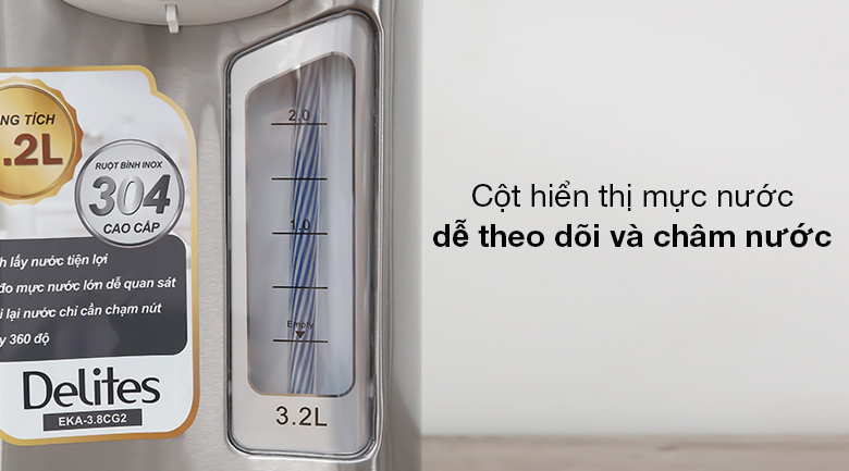 Bình thủy điện Delites EKA-3.8CG2 3.2 lít - Cột hiển thị mực nước