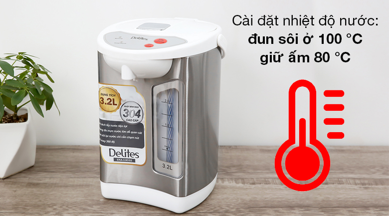 Bình thủy điện Delites EKA-3.8CG2 3.2 lít - Bình thủy điện Delites cài đặt nhiệt độ nước đun sôi 100 °C, giữ ấm 80 °C