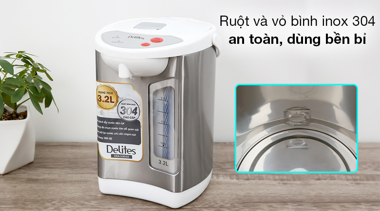 Bình thủy điện Delites EKA-3.8CG2 3.2 lít - Ruột và vỏ bình bằng inox 304 sáng bóng