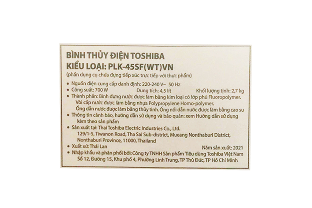 Bình thủy điện Toshiba PLK-45SF(WT)VN 4.5 lít