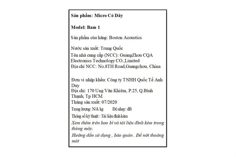 Micro có dây Boston Acoustic BAM1 Màu Đen