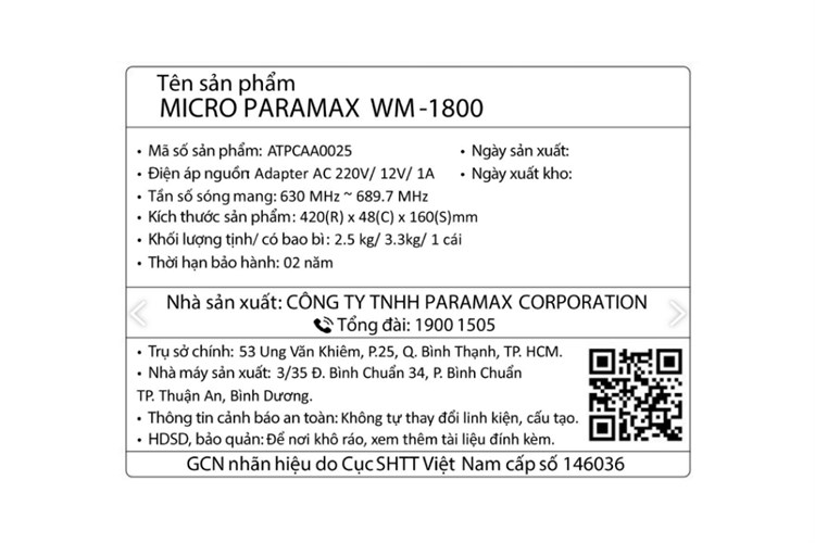 Cặp micro không dây Paramax WM-1800 Màu Đen