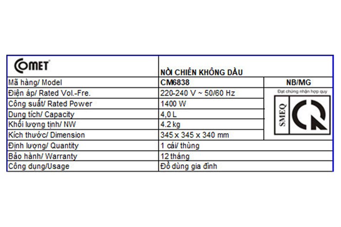 Nồi chiên không dầu Comet CM6838 4 lít