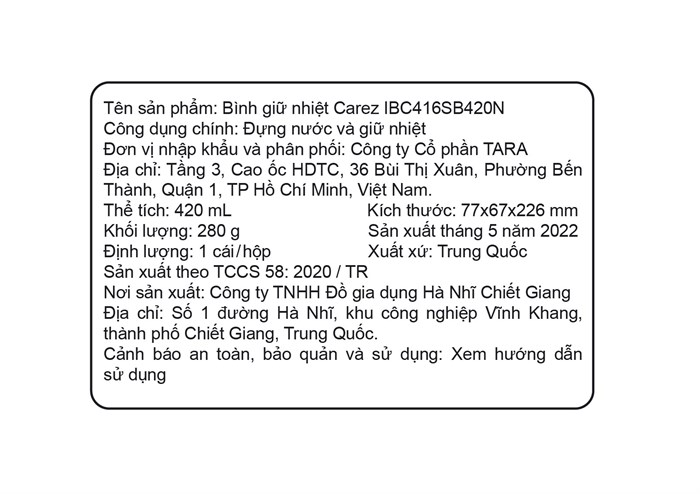 Bình giữ nhiệt inox 420 ml Carez IBC416SB420N