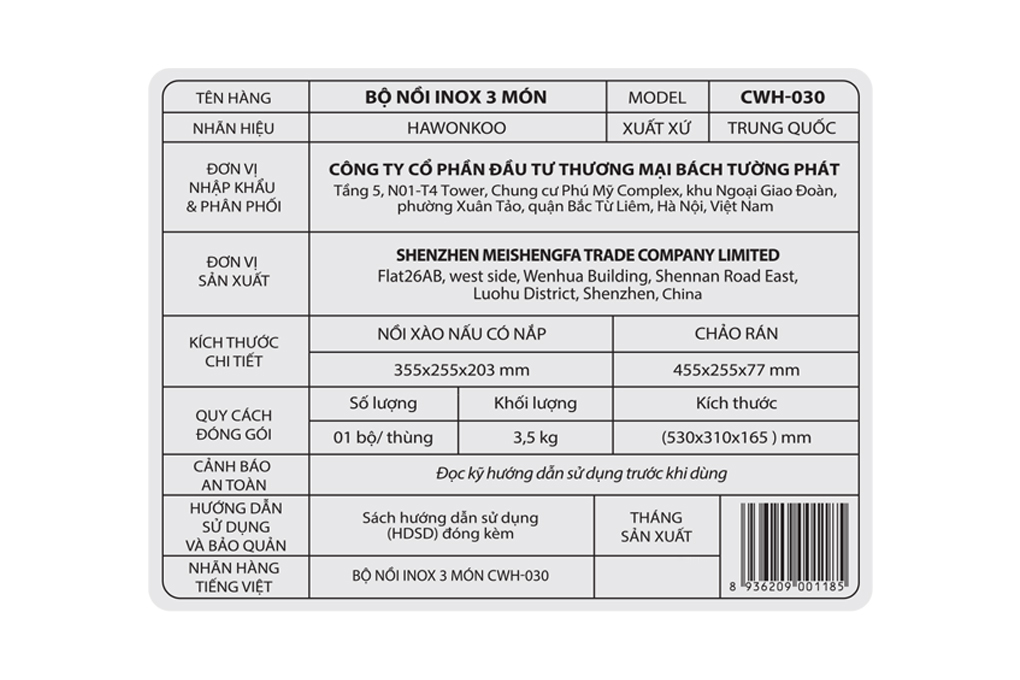 Bộ nồi chảo inox đáy từ Hawonkoo CWH-030 Màu Inox