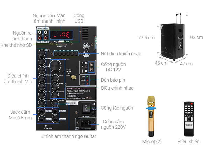 Thông số kỹ thuật Loa kéo Karaoke Nanomax SK-15A2 300W