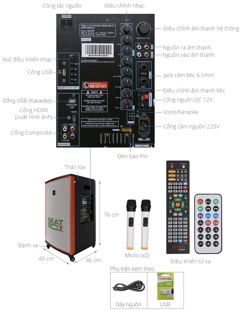 Dàn karaoke di động Acnos KBZ15W 450W