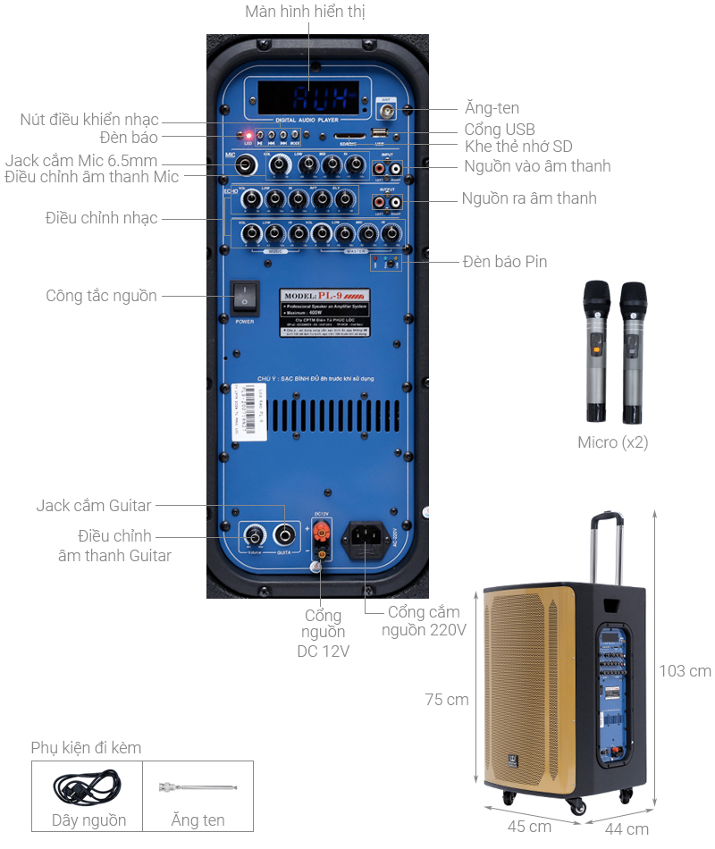 Thông số kỹ thuật Loa kéo karaoke Rinton PL-9 400W