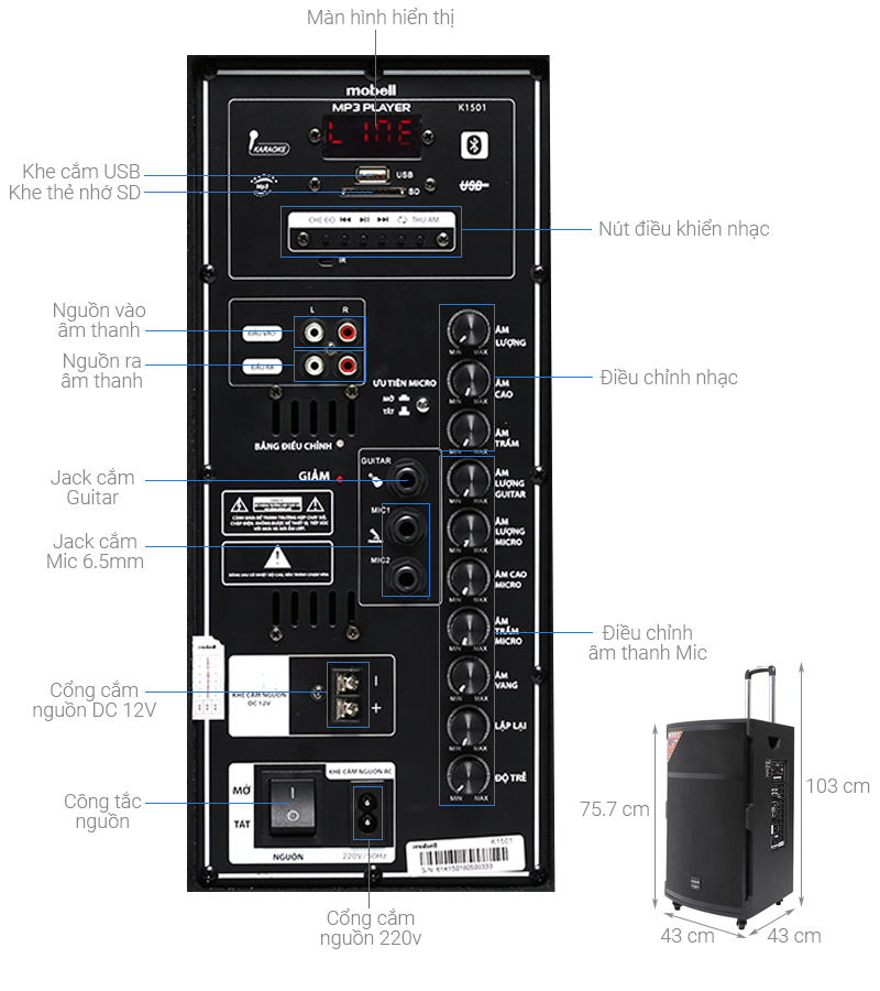 Thông số kỹ thuật Loa kéo Karaoke Mobell K1501