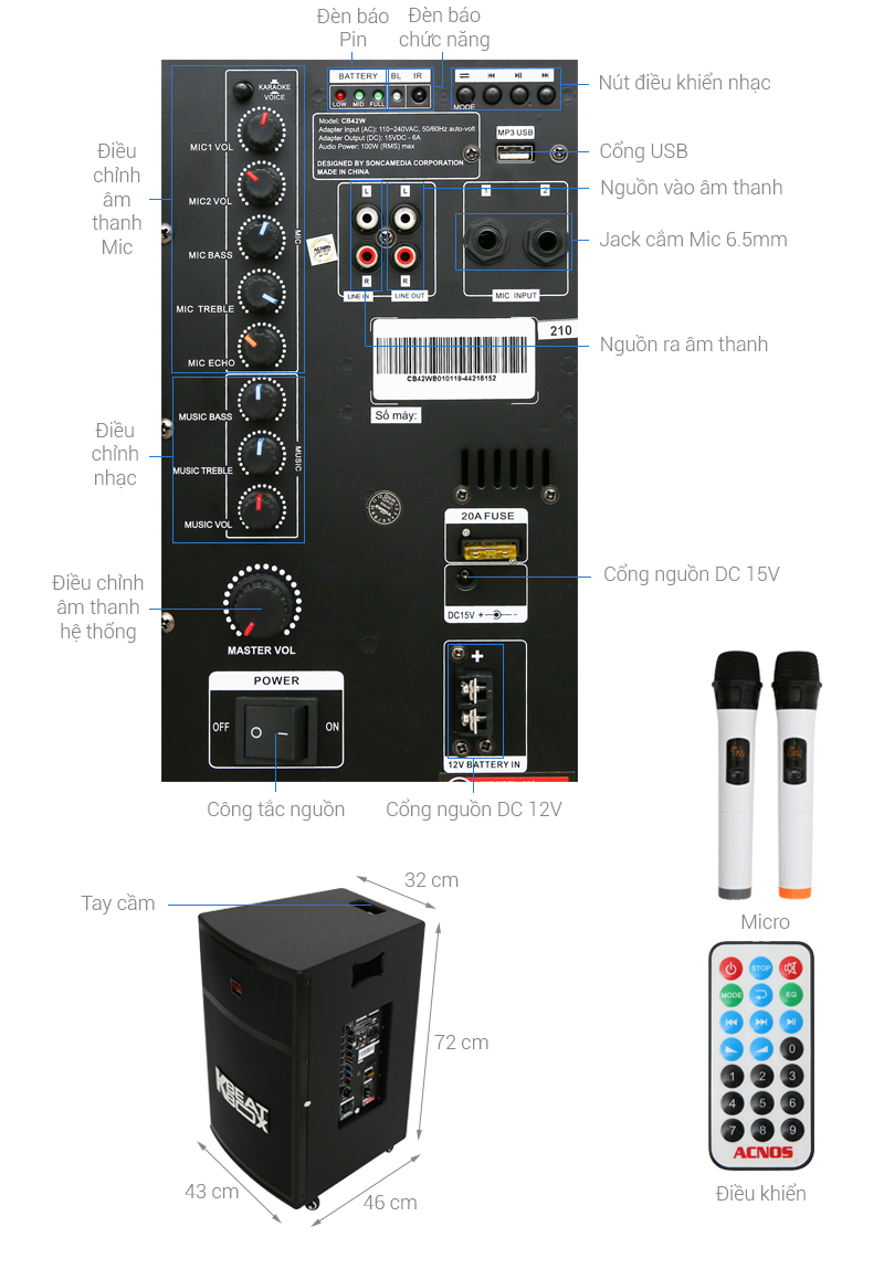 Dàn karaoke di động Acnos CB42W 450W