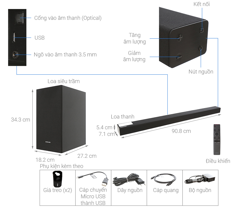 Thông số kỹ thuật Loa thanh soundbar Samsung 2.1 HW-R450 200W