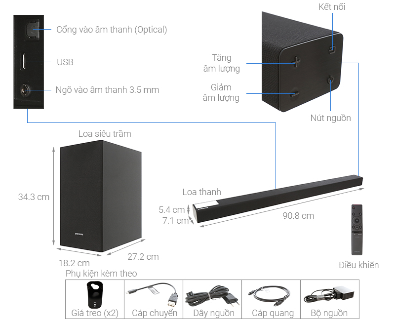 Thông số kỹ thuật Loa thanh soundbar Samsung 2.1 HW-R450 200W