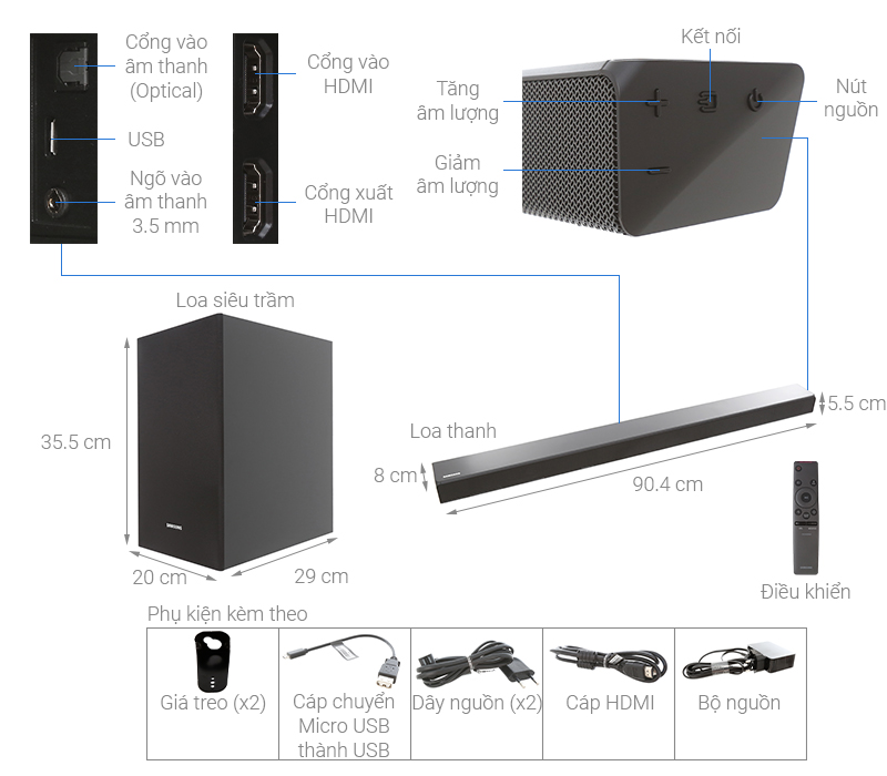 Thông số kỹ thuật Loa thanh soundbar Samsung 2.1 HW-R550 320W