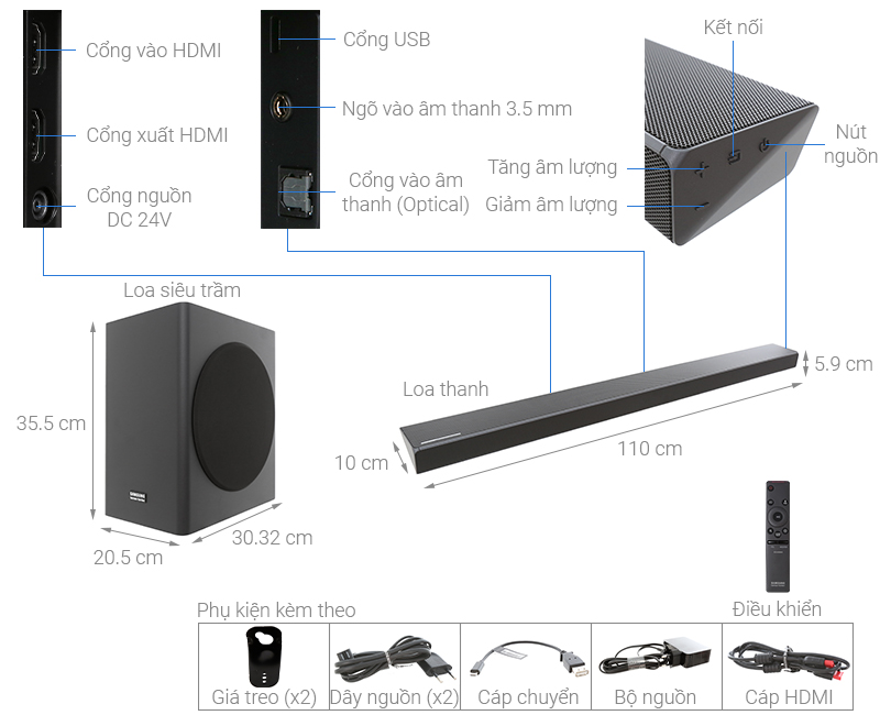 Thông số kỹ thuật Loa thanh soundbar Samsung 5.1 HW-Q60R 360W