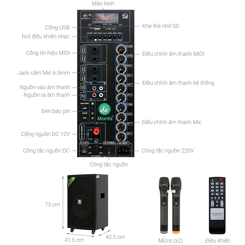 Thông số kỹ thuật Loa kéo karaoke Mantis MT15-ST1 600W