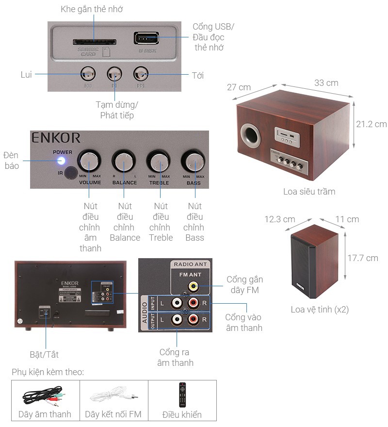 Loa vi tính 2.1 Enkor S2850 Nâu - giá rẻ