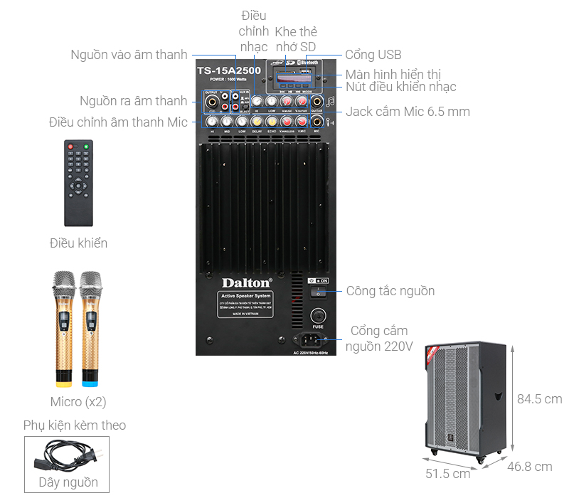Thông số kỹ thuật Loa Điện Karaoke Dalton TS-18A1500 1200W