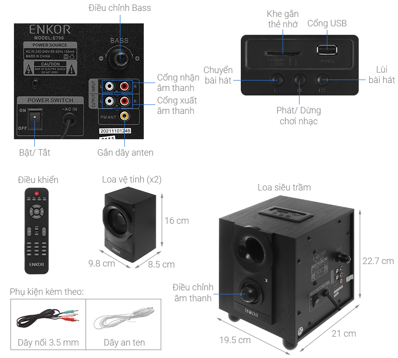 Loa vi tính 2.1 Enkor E700 Đen - giá rẻ, chính hãng