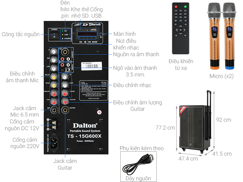 Loa kéo Karaoke Dalton TS-15G600X 600W