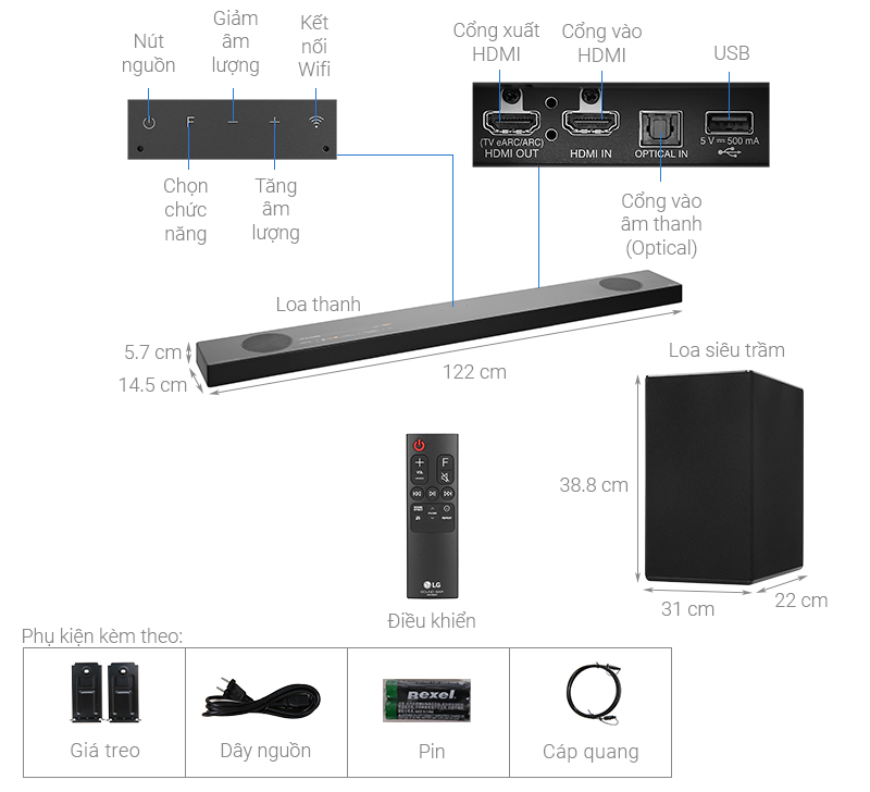 Thông số kỹ thuật Loa thanh soundbar LG 5.1.2 SN9Y 520W