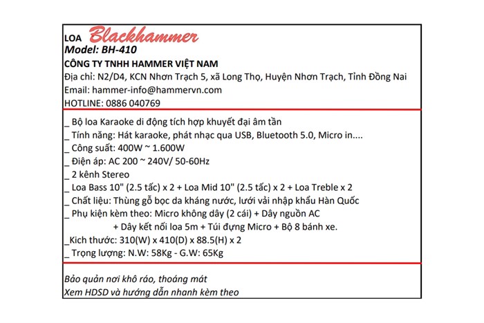 Cặp loa điện karaoke BlackHammer BH-410 400W Màu Đen - Đỏ