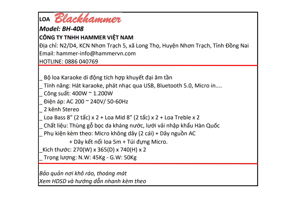 Cặp loa điện karaoke BlackHammer BH-408 400W Màu Đen - Vàng