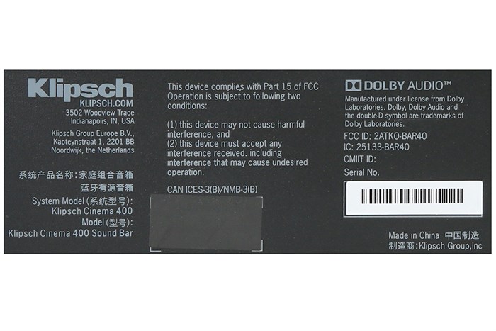 Bộ loa thanh Klipsch Cinema 400 400W Màu Đen